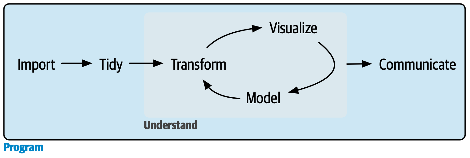 Nosso modelo do processo de ciência de dados com a programação (importar, organizar, transformar, visualizar, modelar e comunicar, ou seja, tudo) destacada em azul.