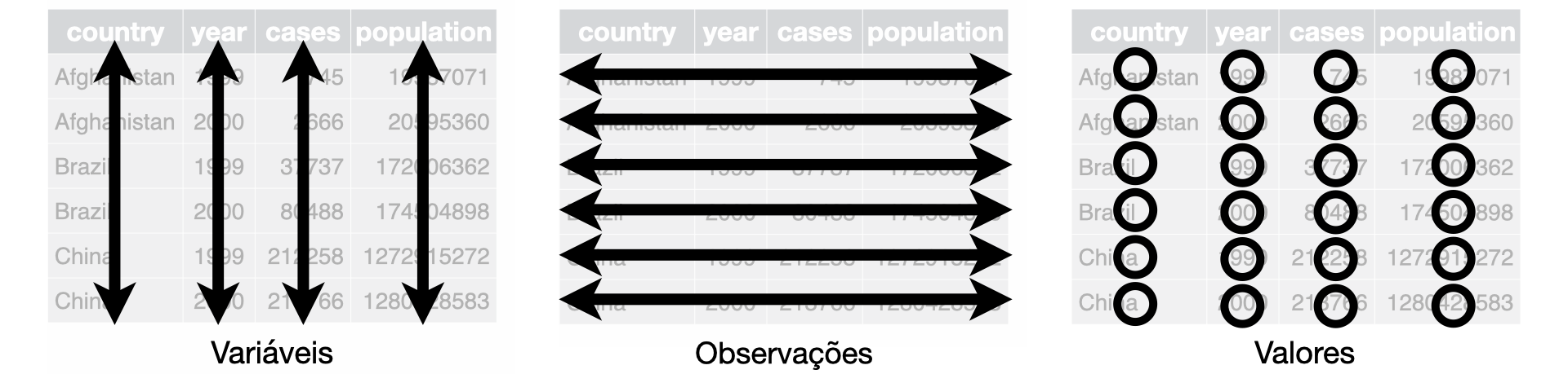 Três painéis, cada um representando um _data frame_ em formato tidy. O primeiro painel mostra que cada variável é uma coluna. O segundo painel mostra que cada observação é uma linha. O terceiro painel mostra que cada valor é uma célula.