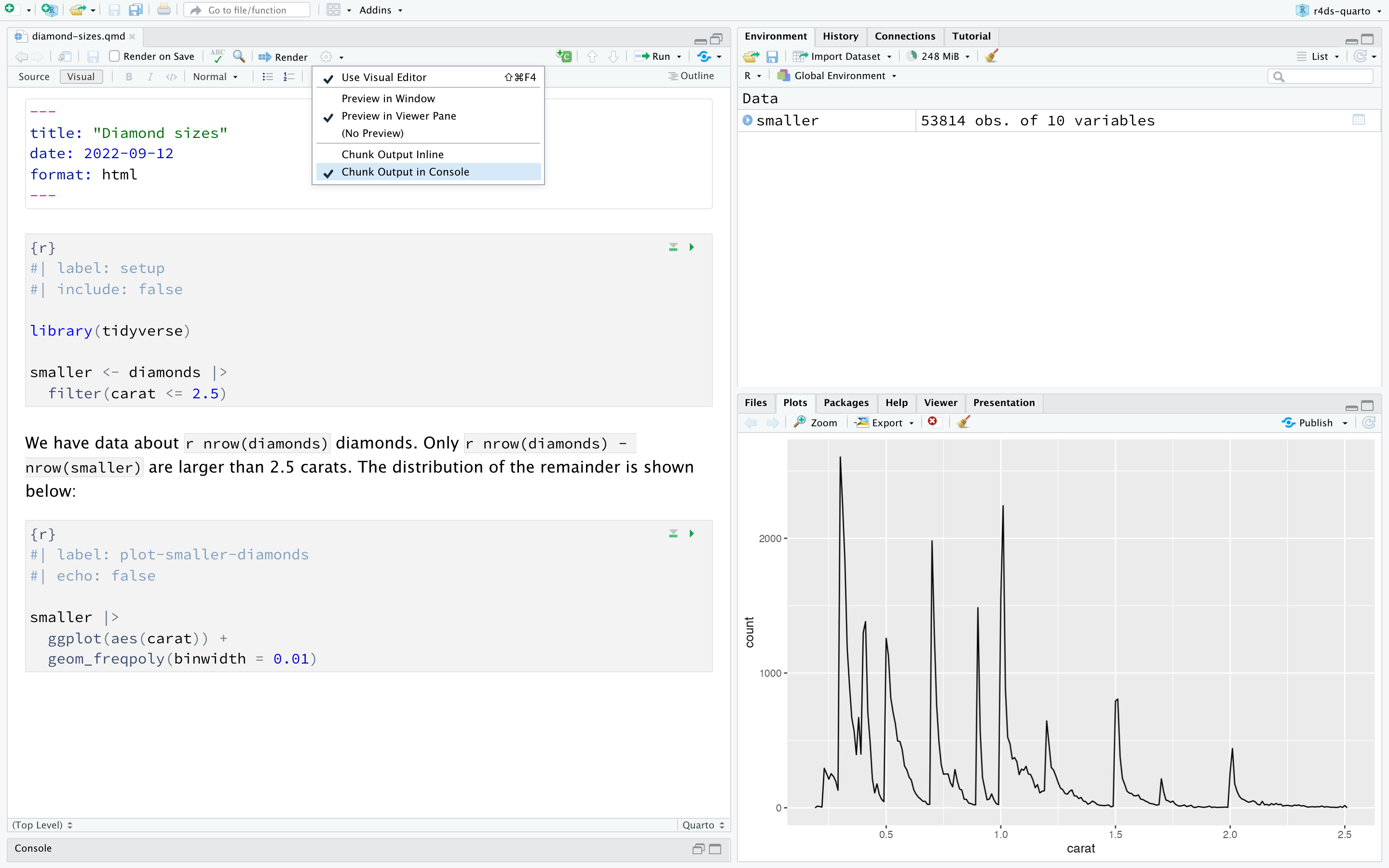 Janela do RStudio com um documento Quarto de nome "diamond-sizes.qmd" à esquerda e o painel Plot no canto inferior direito. O documento Quarto tem um bloco de código que cria um gráfico de frequências de diamantes que pesam menos que 2.5 quilates. O gráfico é exibido no painel Plot e mostra que a frequência diminui quando o peso aumenta. A opção do RStudio de mostrar o Chunk Output no Console também é grifada.