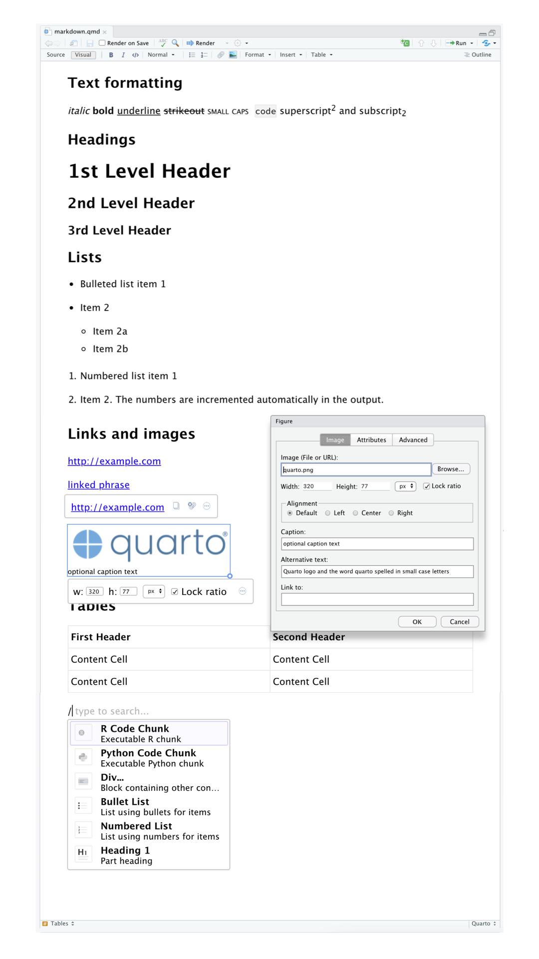 Um documento Quarto exibindo diversos recursos do editor visual como formatação de texto (itálico, negrito, sublinhado, caixa alta pequena, código, superescrito e subscrito), títulos de nível um a três, listas enumeradas e não enumeradas, links, frases com links e imagens (assim como uma janela pop-up para personalização de tamanho de imagem, inserção de legenda, texto alternativo, etc.), tabelas com uma linha de cabeçalho e a ferramenta de inserir qualquer coisa com opções de inserir um bloco de código R, um bloco de código Python, um div, uma lista não enumerada, uma lista enumerada ou um título de primeiro nível (são algumas das primeiras opções da ferramenta).