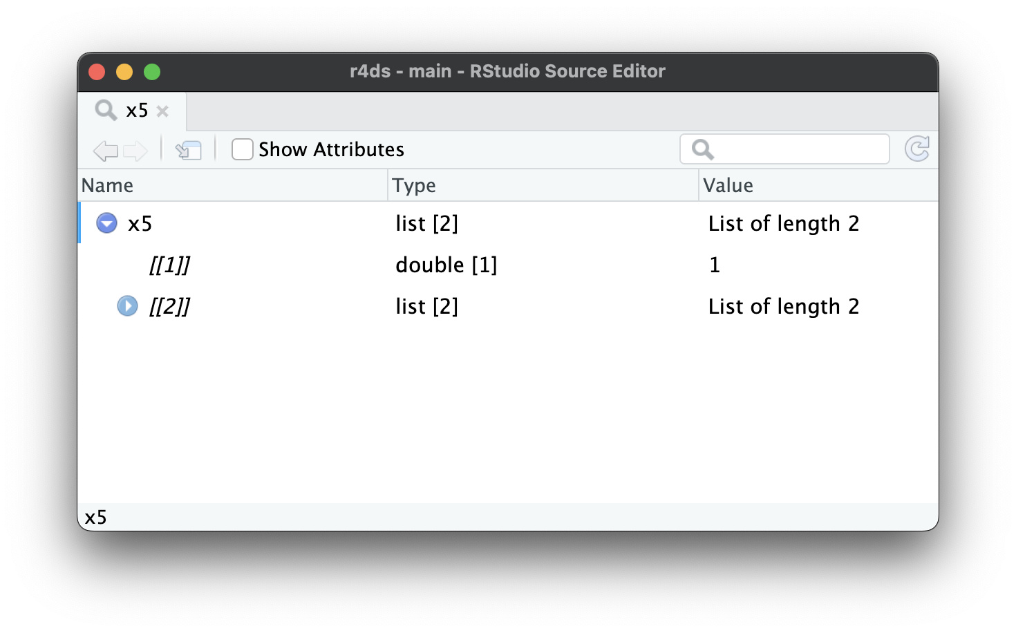 Uma captura de tela do RStudio mostrando o visualizador de listas. Mostra os dois componentes filhos de x5: o primeiro elemento é um vetor *double* e o segundo é uma lista. Um triangulo apontando para a direita indica que o segundo elemento possue em si elementos filhos mas que você não consegue ver. 