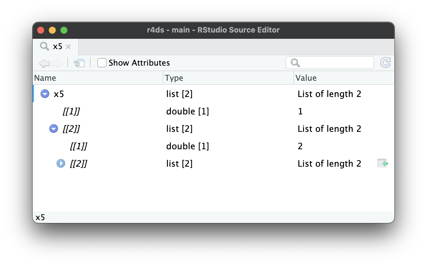 Outra captura de tela do visualizador de listas com os elements do segundo elemento de x5. Ele também tem dois elementos filhos, um vetor *double* e outra lista. 