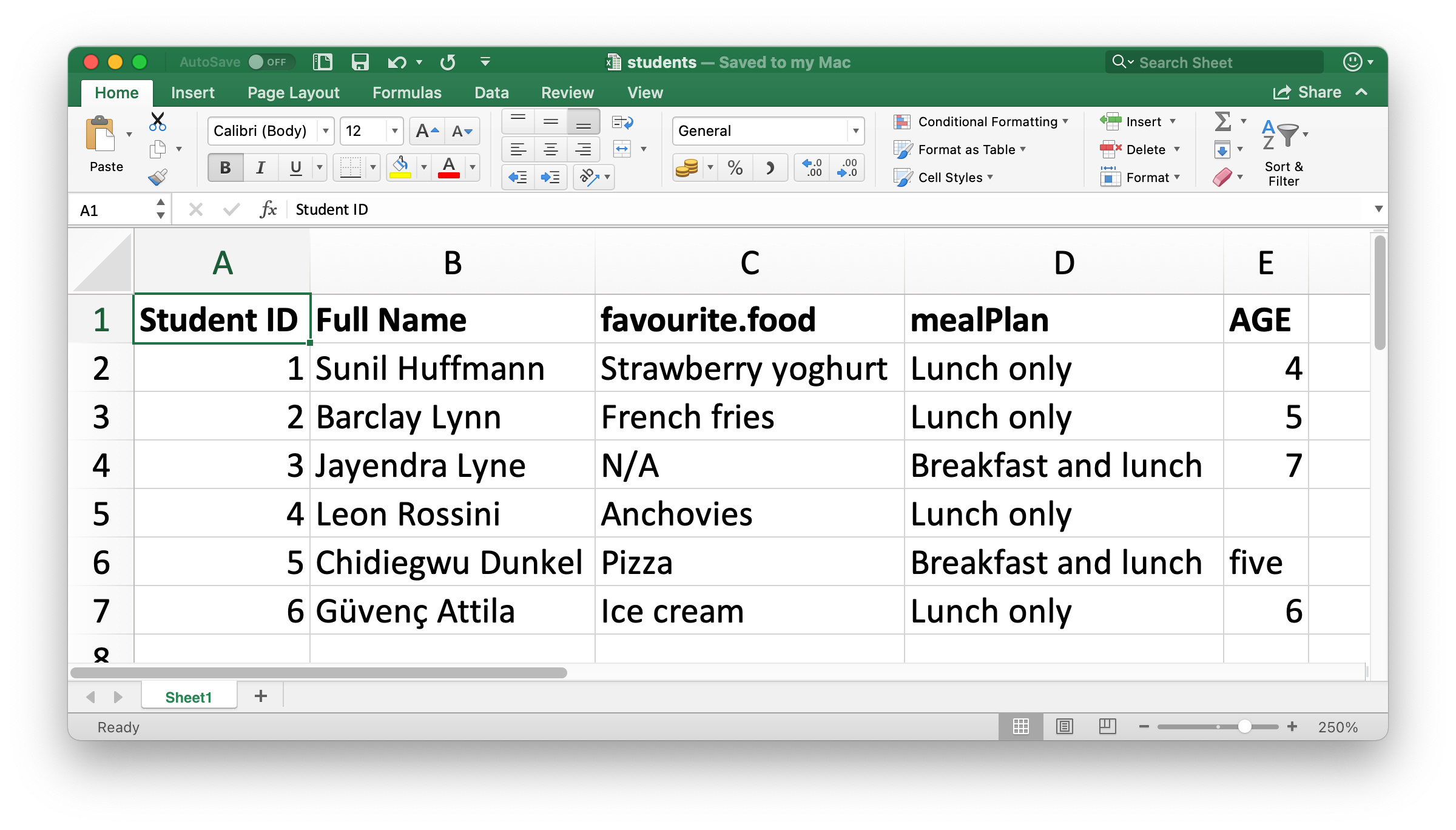 Uma visão da planilha de estudantes no Excel. A planilha possui informações de 6 estudantes, seus IDs, nomes completos, comida favorita, plano alimentar e idade.