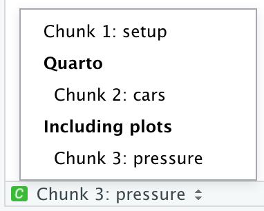 Trecho da IDE RStudio mostrando apenas o navegador de código drop-down que mostra três blocos de código. Bloco 1 é setup. Bloco 2 é cars e nele há uma seção chamada Quarto. Bloco 3 é pressão (pressure) e está em uma seção chamada Including plots.