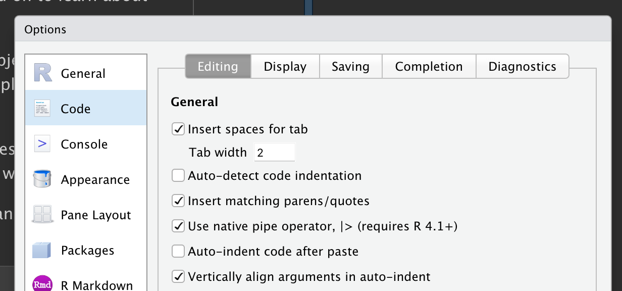 Captura de tela mostrando a opção "Use native pipe operator" que pode ser encontrada no painel "Editing" das opções de "Code".