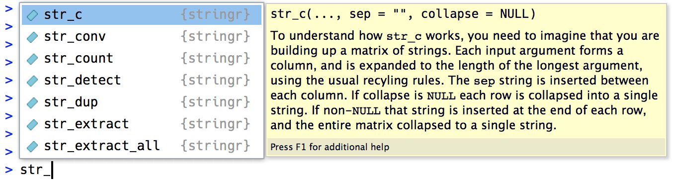 Função str_c  digitada no console do RStudio com a ferramenta de preenchimento automático sendo exibida ao topo, que lista funções que começam com str_c. O nome e o início da página de manual da função, destacados na lista do preenchimento automático, são exibidos em um painel à sua direita.